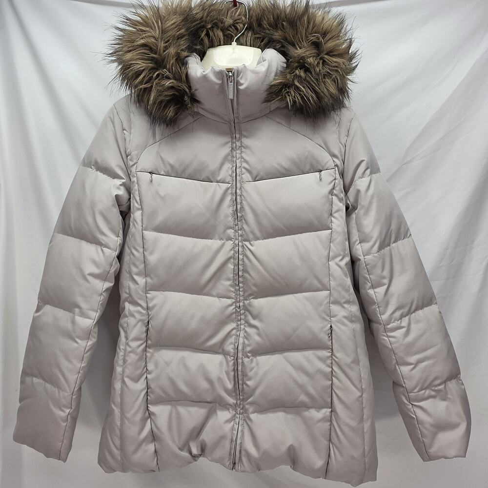 Calvin Klein Women’s Down Puffer Jacket Faux Fur Hood Beige Coat Size L‎